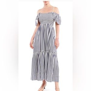 La Ligne Striped Off Shoulder Smocked Ivory & Navy Dress